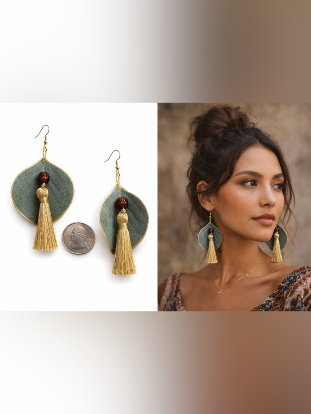 Leaf Drop Earrings with Gold Tassel - NWOT